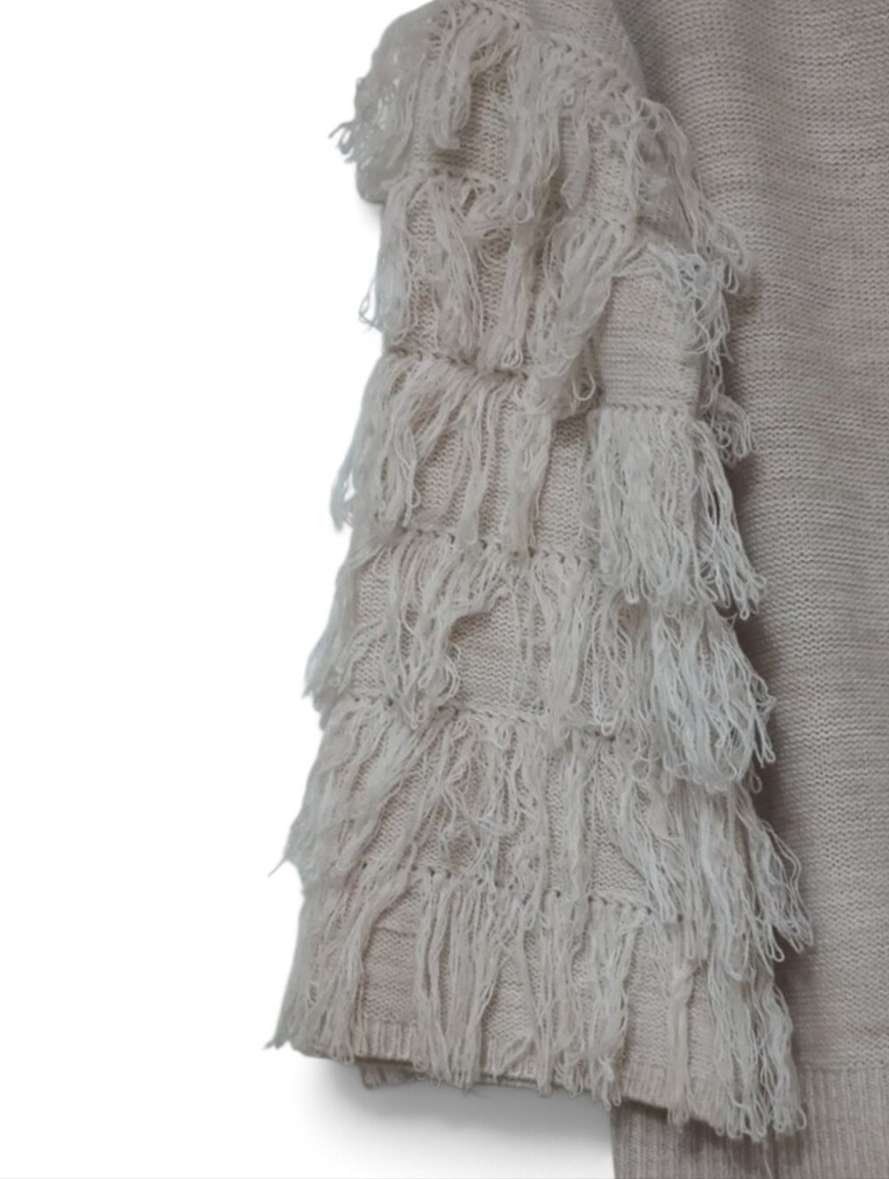 NY&C SOHO Beige Fringe Sleeve Crewneck Sweater - Picture 4 of 6
